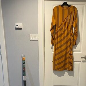 NWT Chic Mustard Striped Long Sleeve Dress with mini ruffle trim in front
